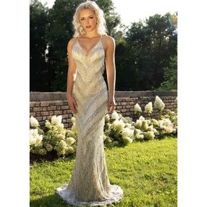 Primavera Couture Beaded Fringe V-Neck Dress